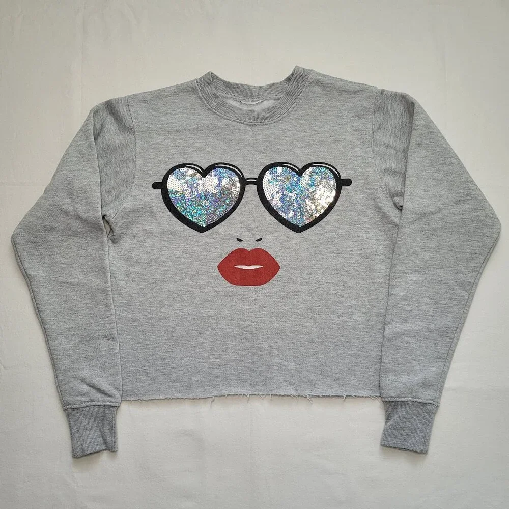 Cropped Sweatshirt Gray Sequin Heart Glasses Lips Sparkle Y2K Athleisure